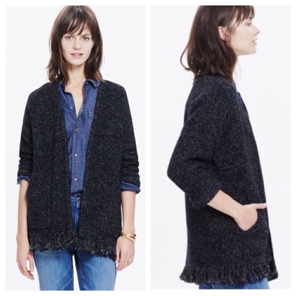 MADEWELL Memento Fringe Cotton open Cardigan Sweater black white size small